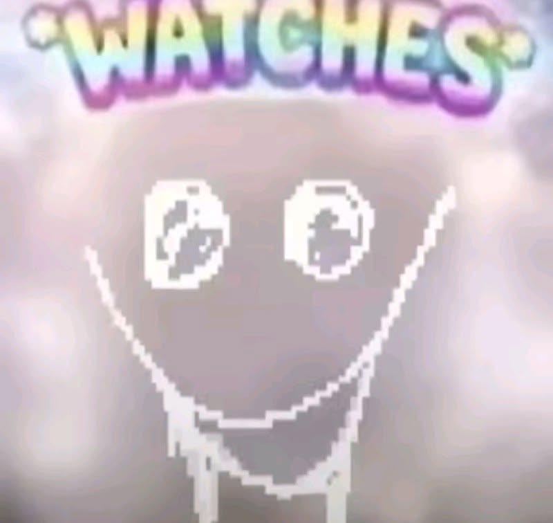 Pixelated smiling emoticon with rainbow "WATCHIES" text above in a soft, blurred background.
