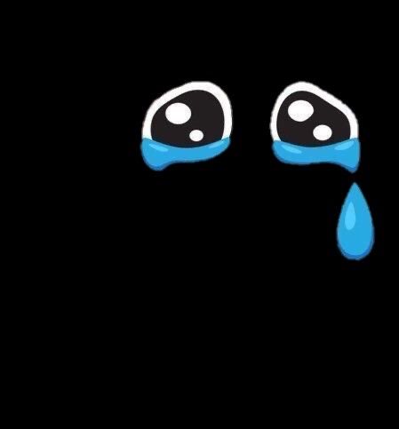 Cartoon crying emoji with large blue teardrops on a black background