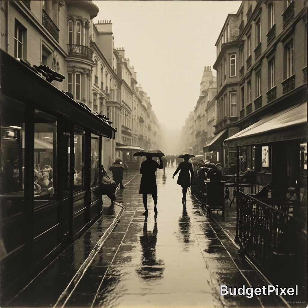 Black-and-white street scene on a rainy day with pedestrians under umbrellas.