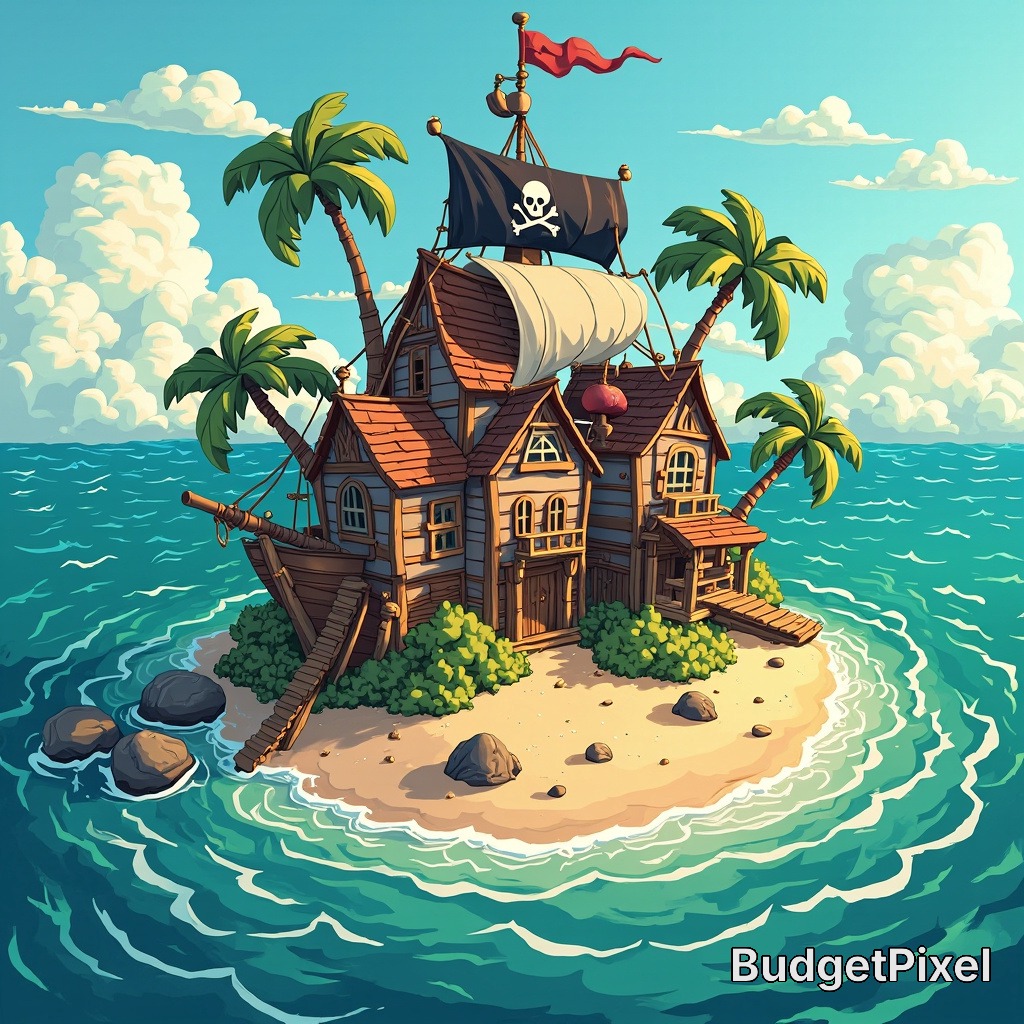 Cartoon pirate ship-house on a tiny tropical island with palm trees and turquoise waves.