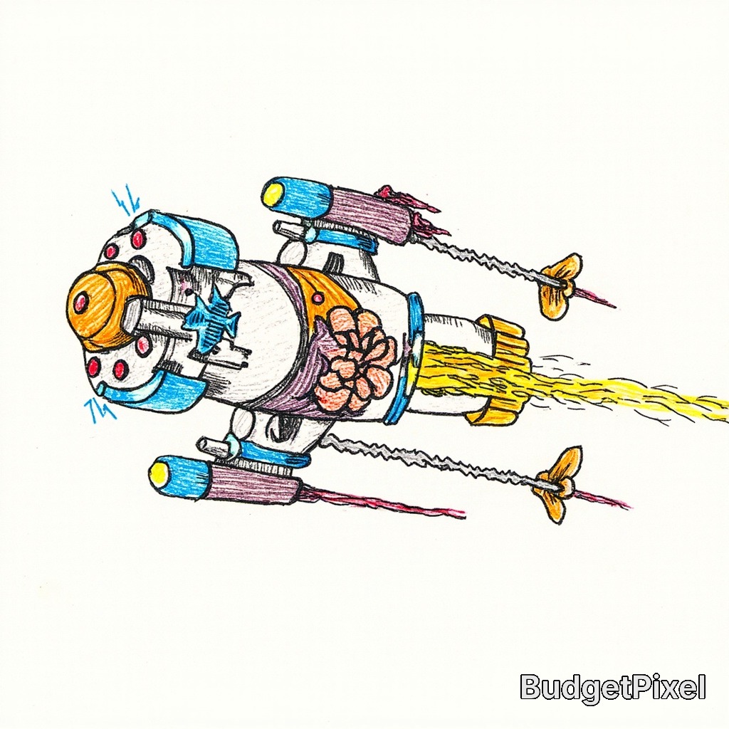 Colorful hand-drawn cartoon spacecraft with vibrant exhaust flames and decorative details.