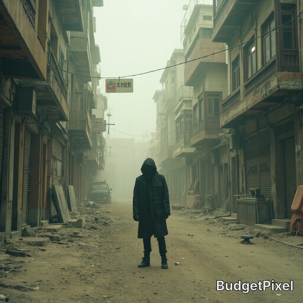 Hooded figure stands in a deserted, dusty alley between aging apartment buildings.