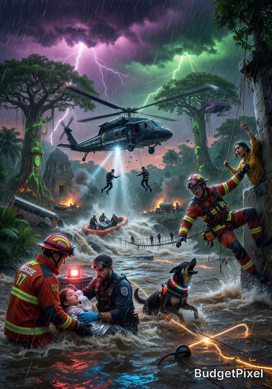 Helicopter and firefighters rescue people from a flooded city during a storm with lightning.