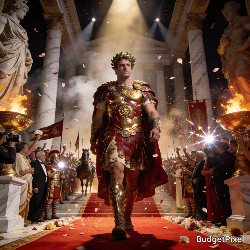 Roman emperor in gilded armor and laurel crown walking the red carpet procession.