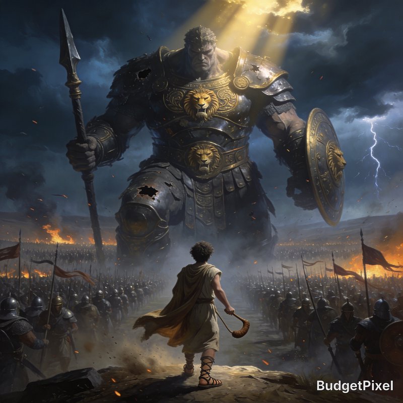 A colossal armored titan with lion insignias looms over a lone young warrior on a battlefield.