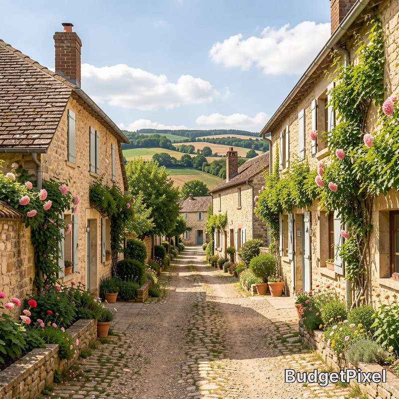Stone cottage street with cobblestone lane, flowering vines, and rolling countryside.