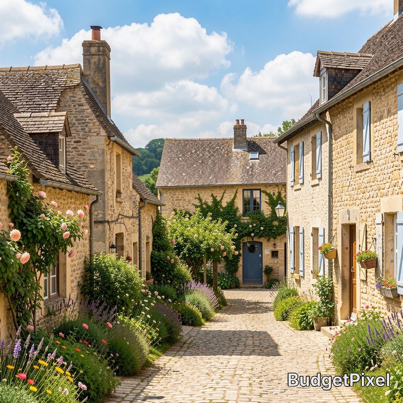 Quaint stone cottage village street with blooming flowers and a cobblestone path