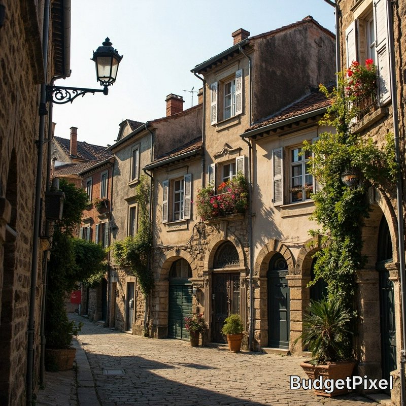Sunlit narrow cobblestone street in a European village with arched doors and flower-filled windows