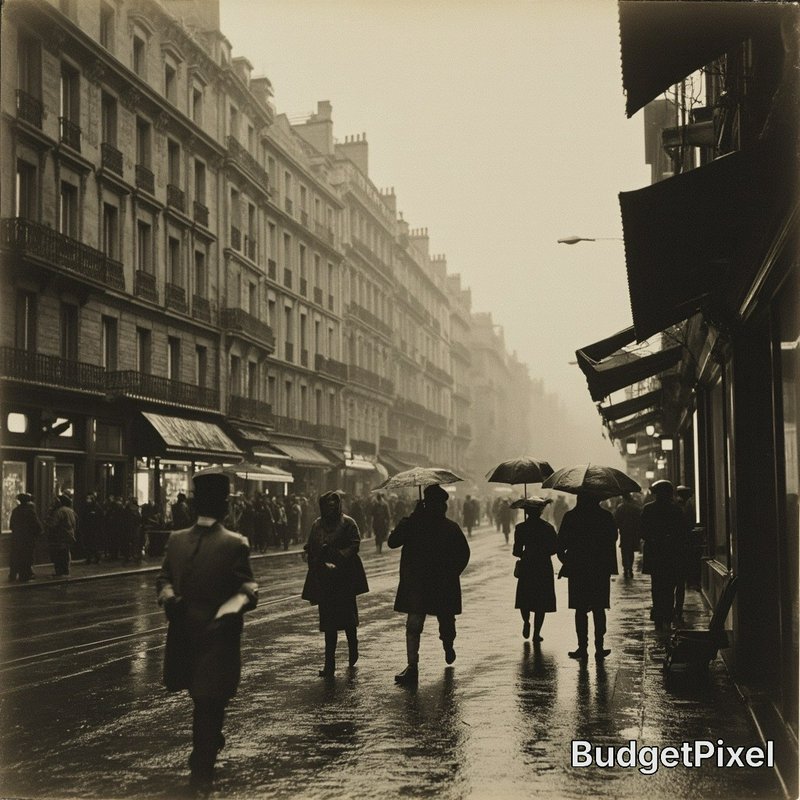 Black-and-white street scene with pedestrians carrying umbrellas on a rainy city avenue.
