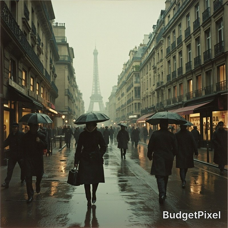 Rainy Paris street with pedestrians holding umbrellas and the Eiffel Tower in the distance.