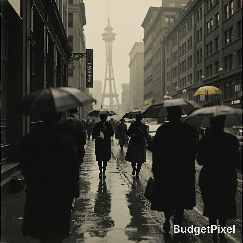 Black-and-white street scene in Paris with pedestrians under umbrellas and the Eiffel Tower in th...
