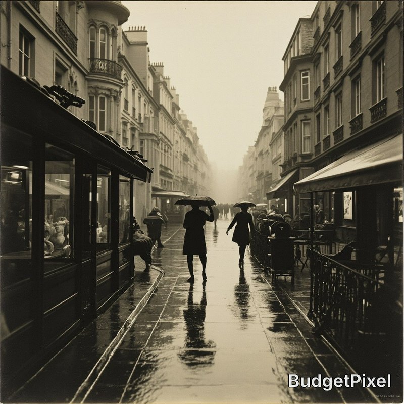 Black-and-white street scene on a rainy day with pedestrians under umbrellas.