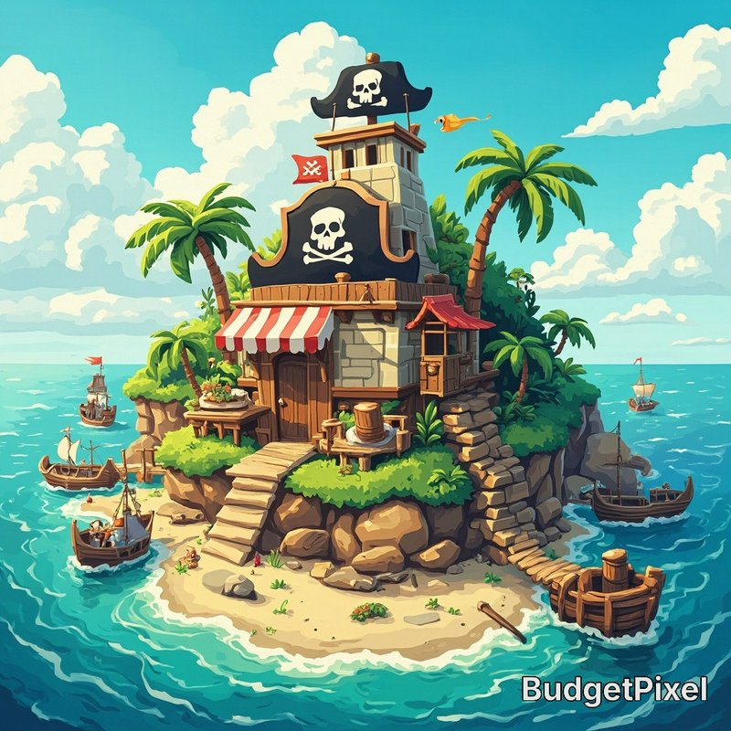 Cartoon pirate island fortress on a rocky outcrop with palm trees, surrounded by turquoise sea an...
