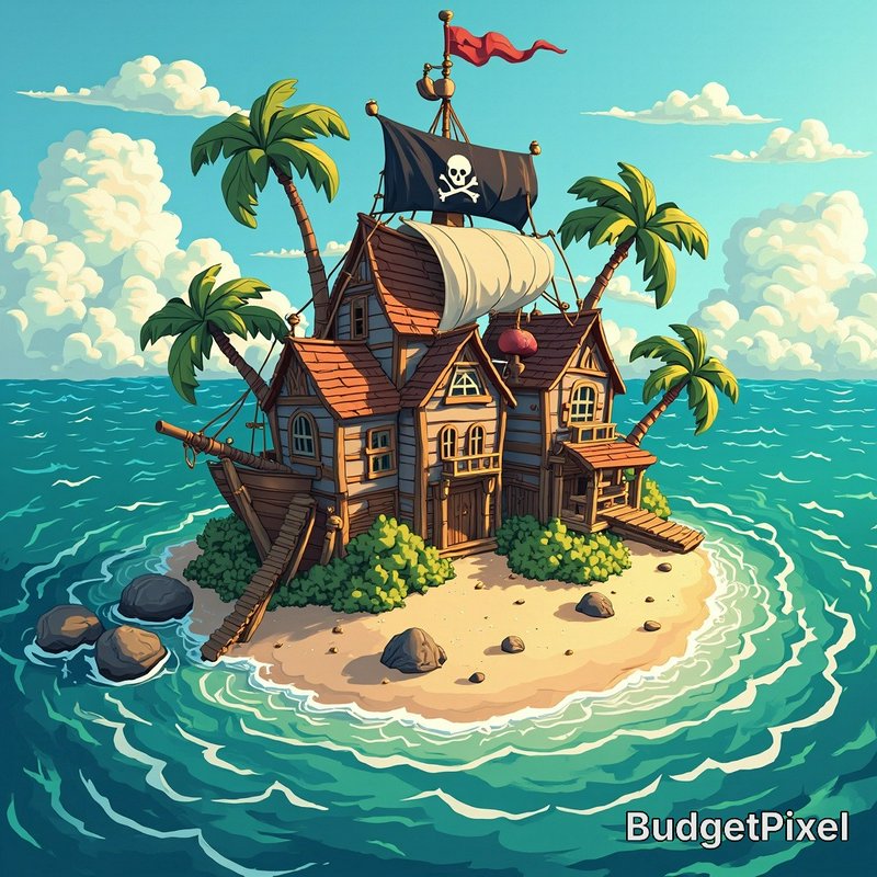 Cartoon pirate ship-house on a tiny tropical island with palm trees and turquoise waves.