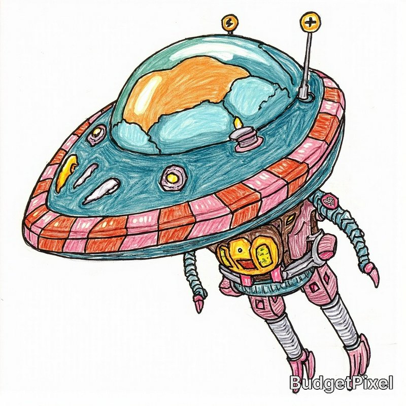 A colorful cartoon UFO with a pink checkered rim hovering above a pink robot.