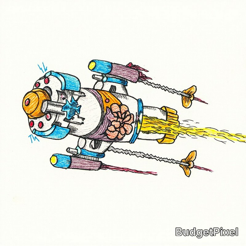 Colorful hand-drawn cartoon spacecraft with vibrant exhaust flames and decorative details.