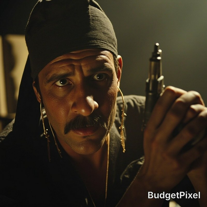 Close-up of a man with a thick mustache and black bandana, gripping a pistol in a dimly lit scene.