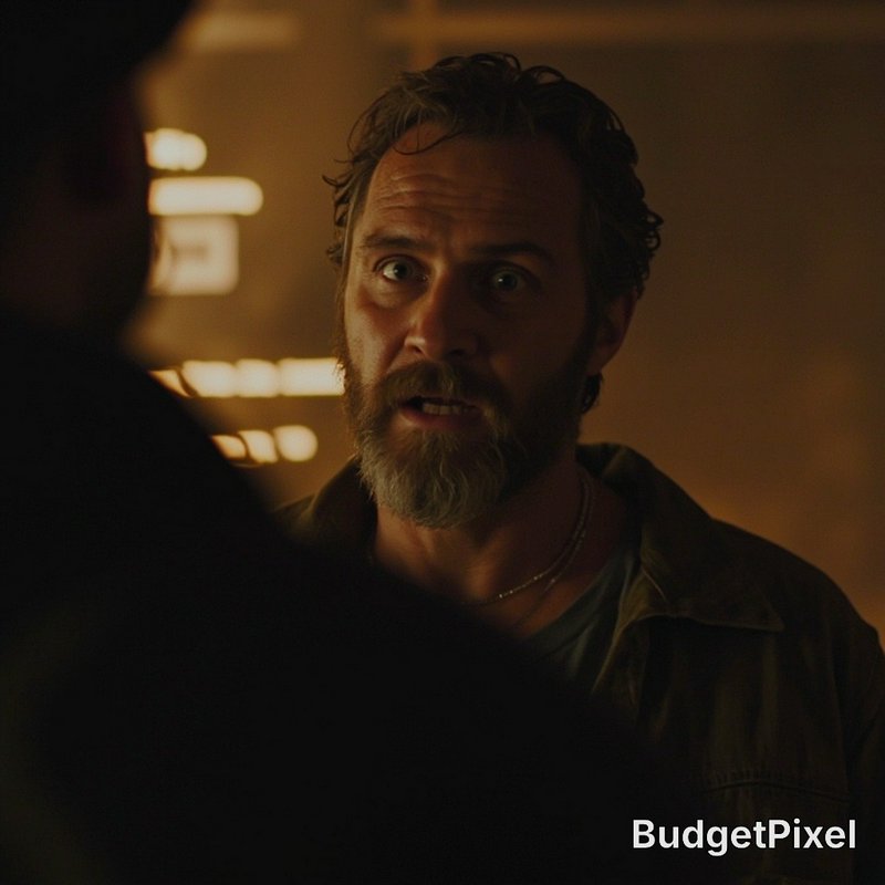 Bearded man with surprised expression in a dim, warm-lit conversation scene.