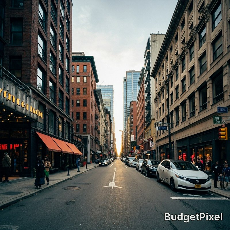 Urban city street at sunset with tall buildings, cars, and pedestrians.