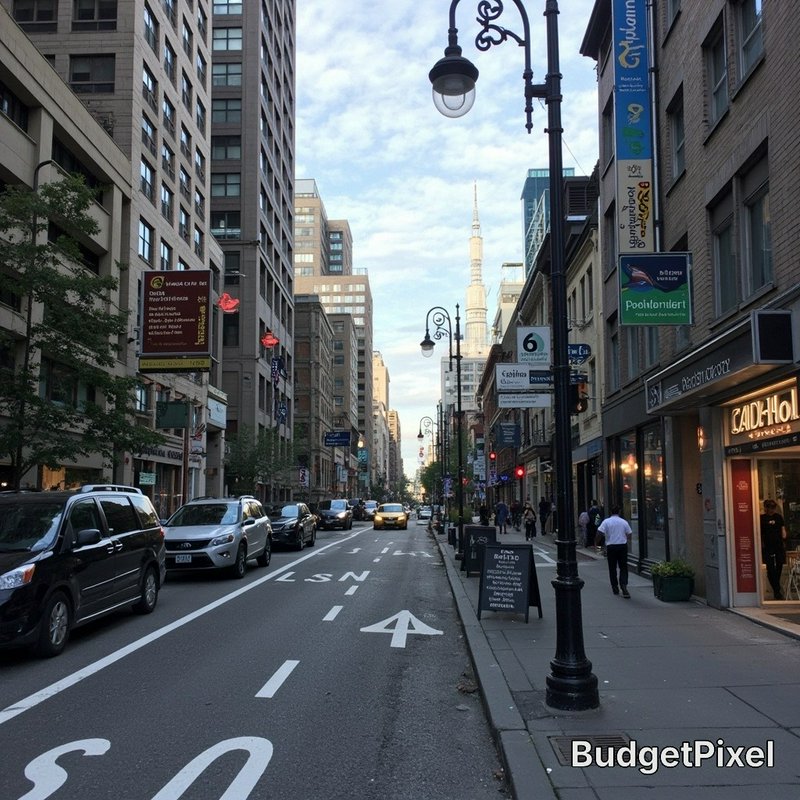 Bustling city street with tall buildings, traffic, pedestrians, and decorative lampposts, distant...