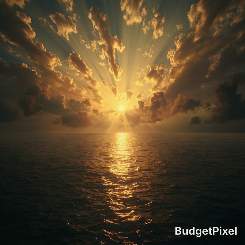 Golden sunset over calm ocean with sunbeams breaking through dramatic clouds.