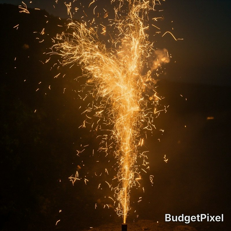 Golden sparkler fountain bursting upward with bright sparks at night.