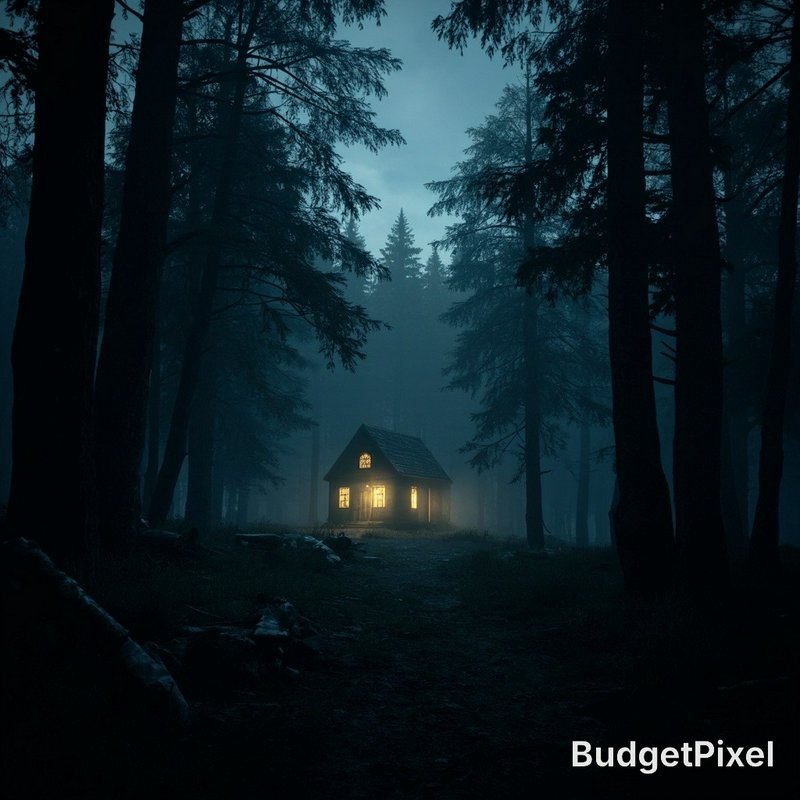 A small illuminated cabin in a dark, misty forest at night with warm window light.