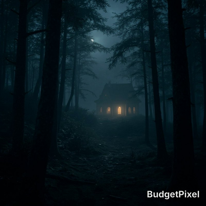 Dim forest at night with a warmly lit cottage glowing through fog.