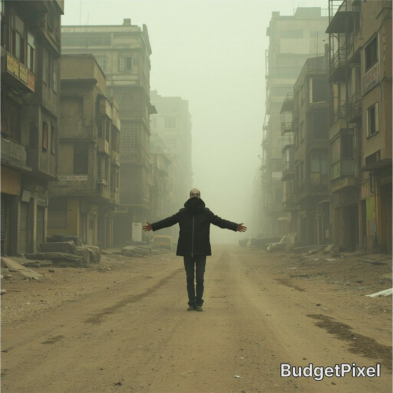 A solitary person stands in a dusty, foggy city street with arms outstretched between ruined buil...
