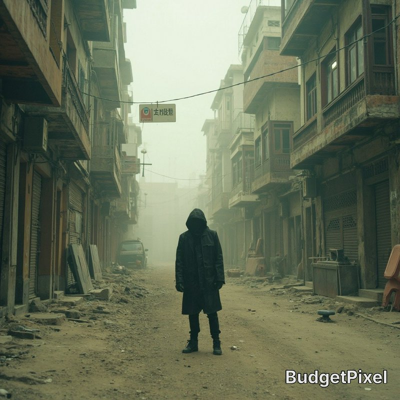 Hooded figure stands in a deserted, dusty alley between aging apartment buildings.