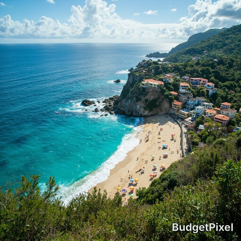 Cliffside coastal village with colorful houses overlooking a sandy beach and turquoise sea.