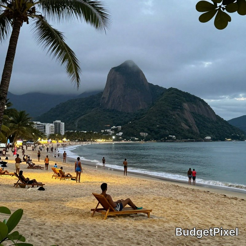 Beach in Rio de Janeiro with palm trees, lounge chairs, and Sugarloaf Mountain in the distance.