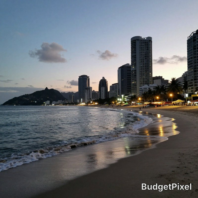 Beachfront skyline at dusk with high-rise buildings along the shore and gentle waves.