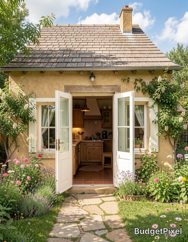 "Sunlit French-style tiny cottage with open glass doors revealing a mini indoor kitchen, surround...