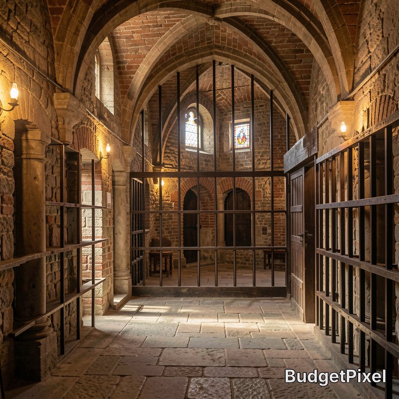 Medieval stone prison corridor with iron cell bars, vaulted brick ceilings, stained glass, and wa...