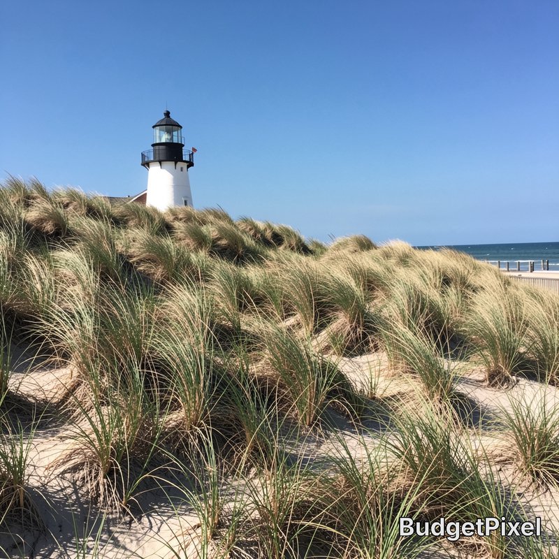 White coastal lighthouse sits atop grassy sand dunes under a clear bright blue sky, ocean visible...