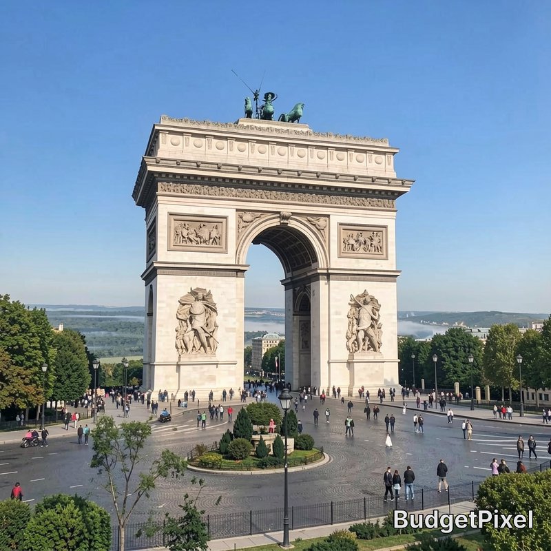 [Aerial view of a modified Arc de Triomphe triumphal arch on a busy public roundabout under a clear bright blue sky]