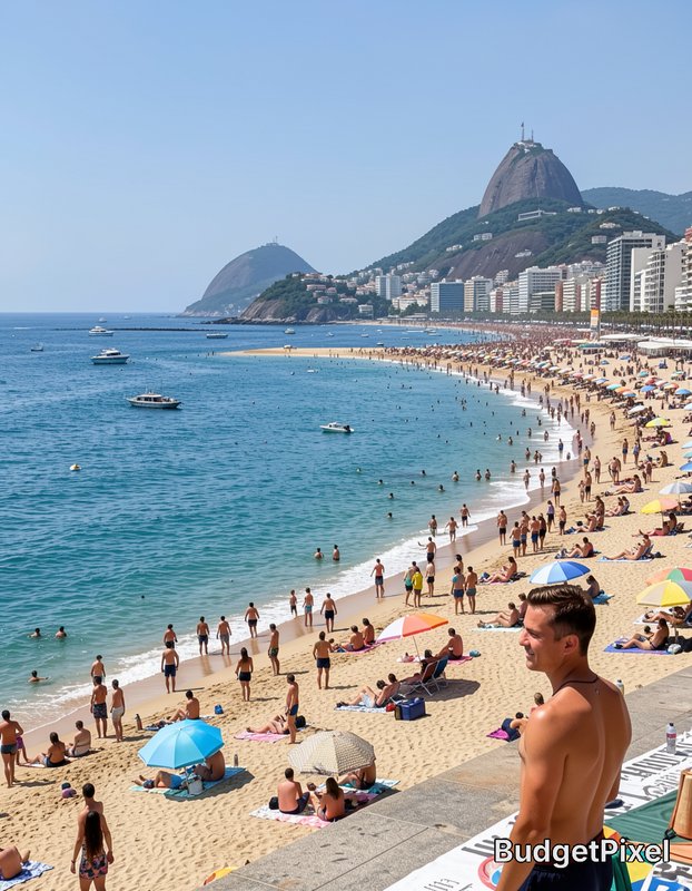 High-angle view of crowded sunny Rio de Janeiro beach, Sugarloaf Mountain, turquoise ocean, and b...