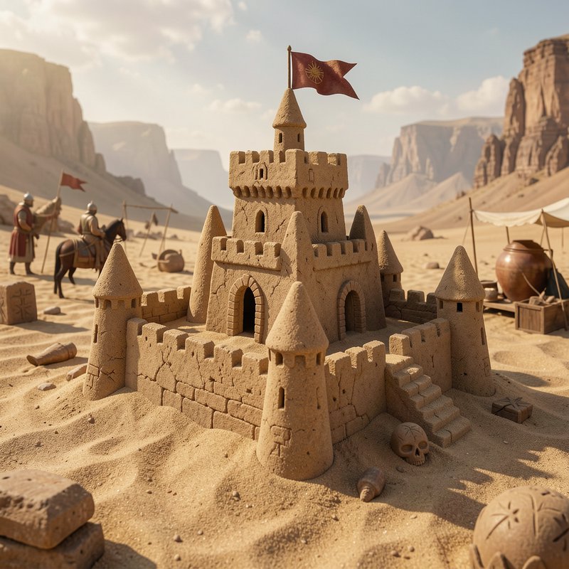 Intricate medieval sandcastle topped with a red flag sits in a sunlit desert canyon, with tiny kn...