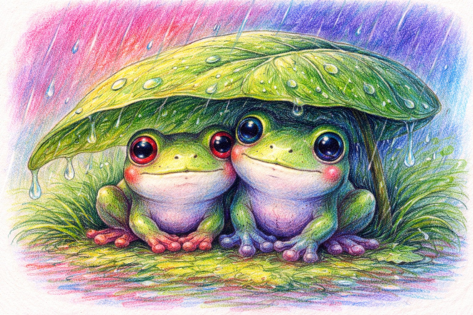 Two kawaii frogs under a large leafy canopy in the rain, colorful and cuddly.