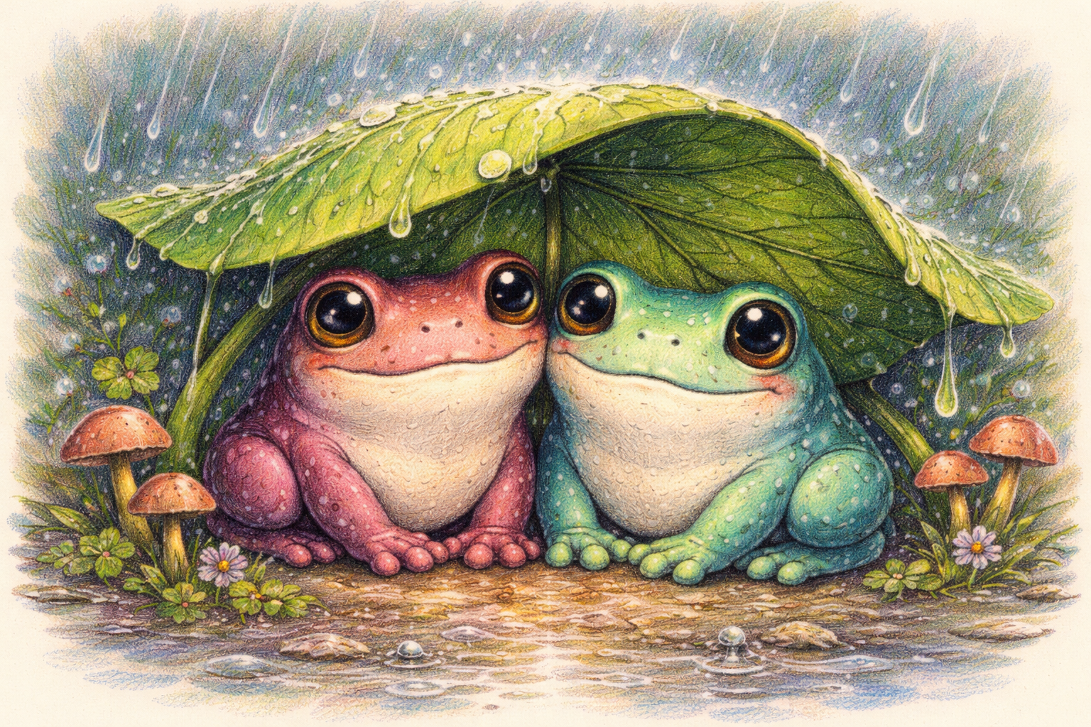 Two colorful frogs cuddling under a large rain-soaked leaf in a rainy scene.