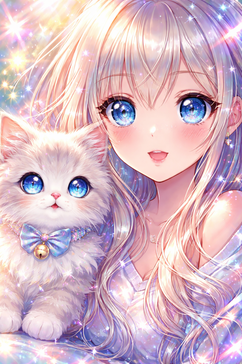 Anime-style girl with long blonde hair and sparkling blue eyes holding a fluffy white kitten.