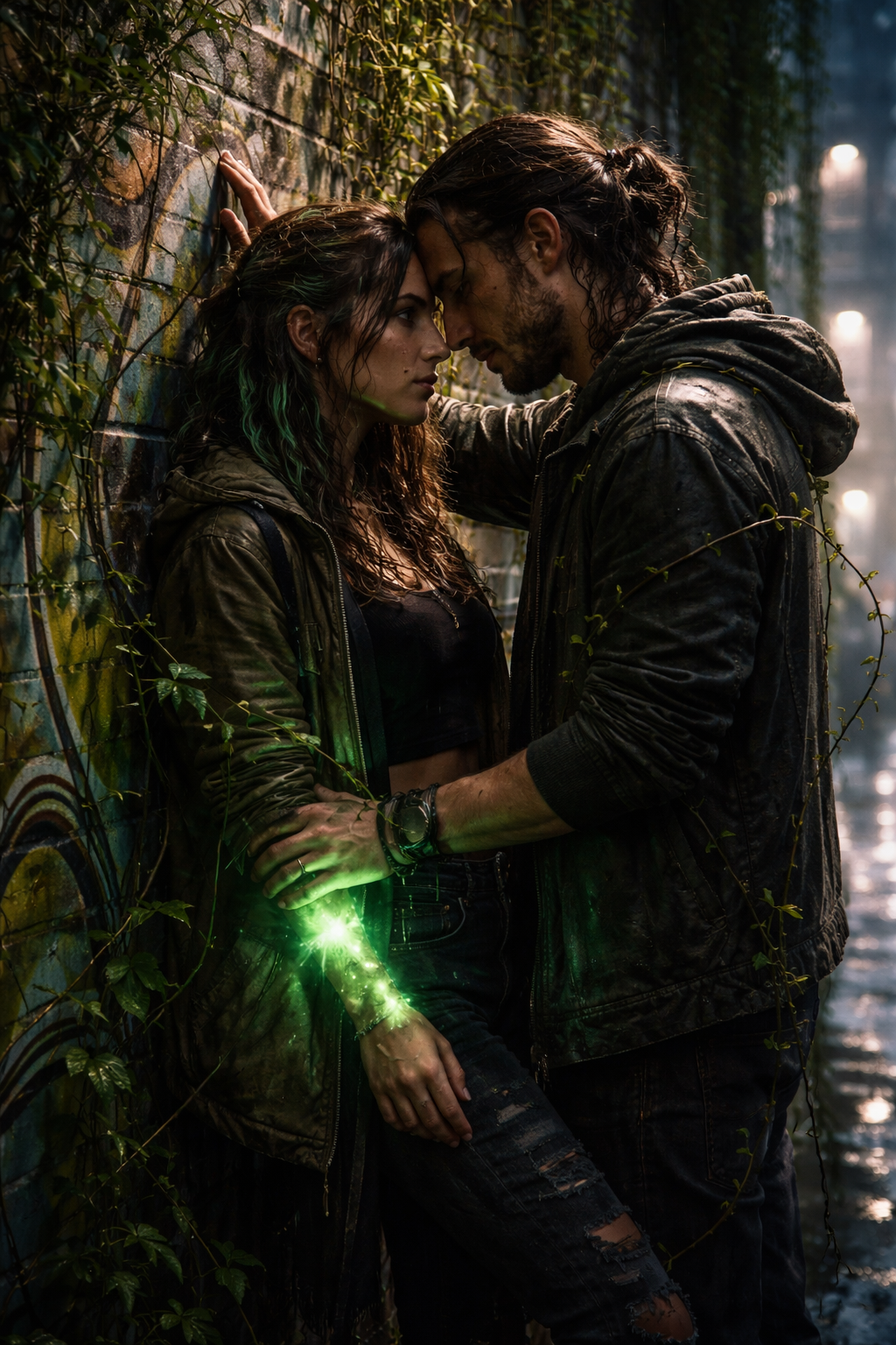 Two young adults in dark jackets lean against a mossy wall, sharing a tense moment with a glowing green light.