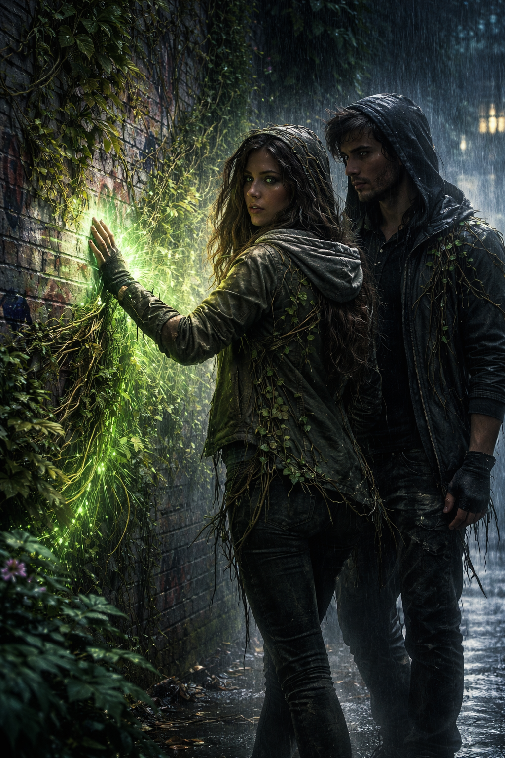 Two hooded figures in a rain-soaked alley as a woman touches a wall glowing with green energy.