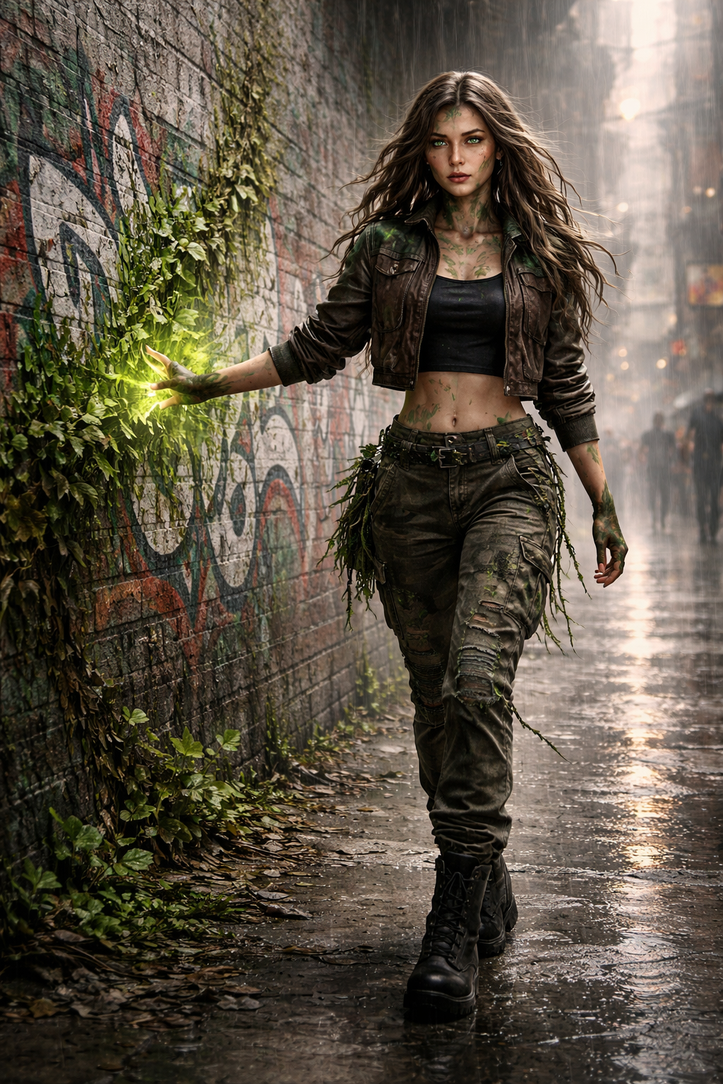 Female survivor in distressed clothes walks a graffiti-covered alley, glowing green energy in her hand.