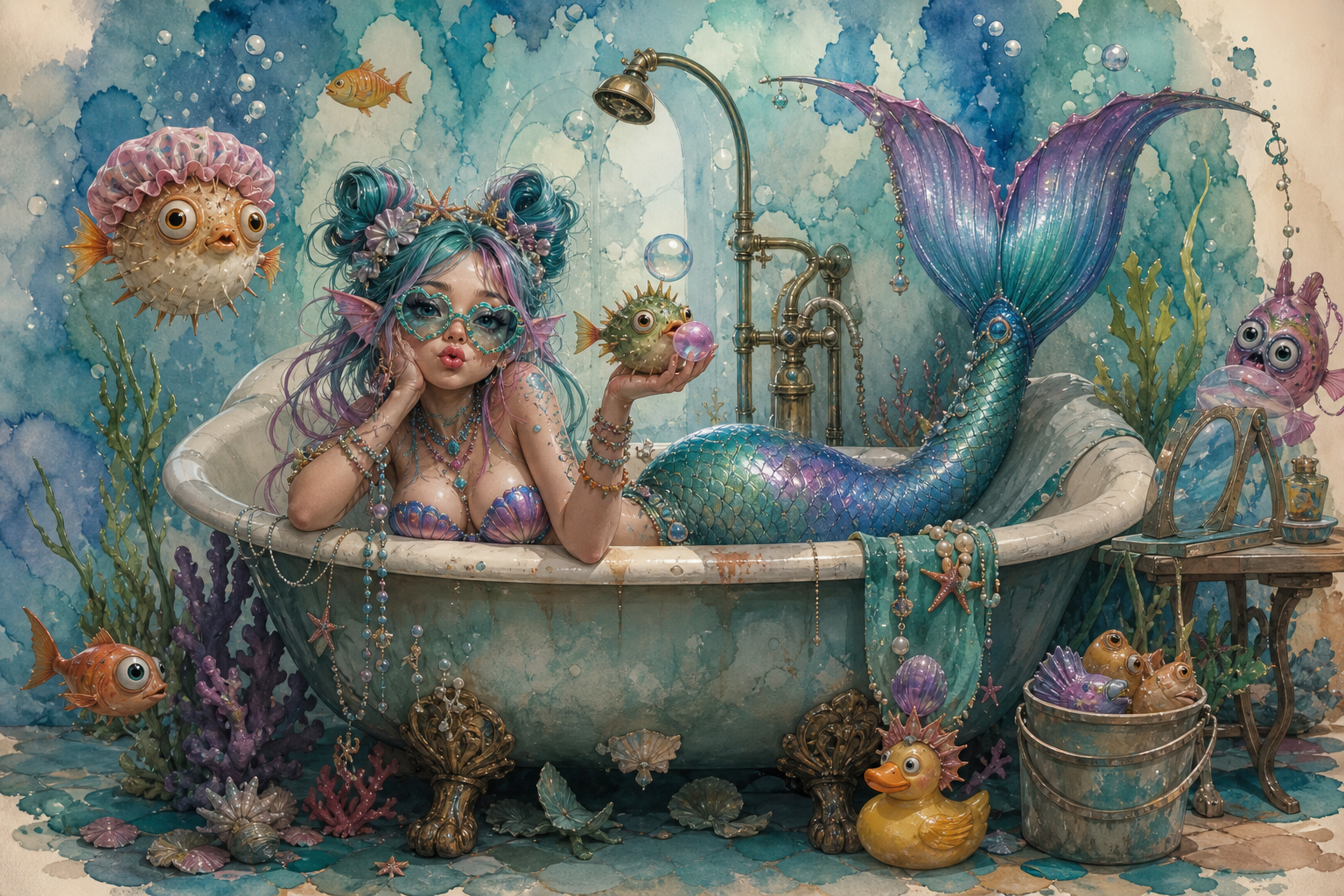Mermaid with turquoise tail in a vintage clawfoot tub among colorful sea life and bubbles.