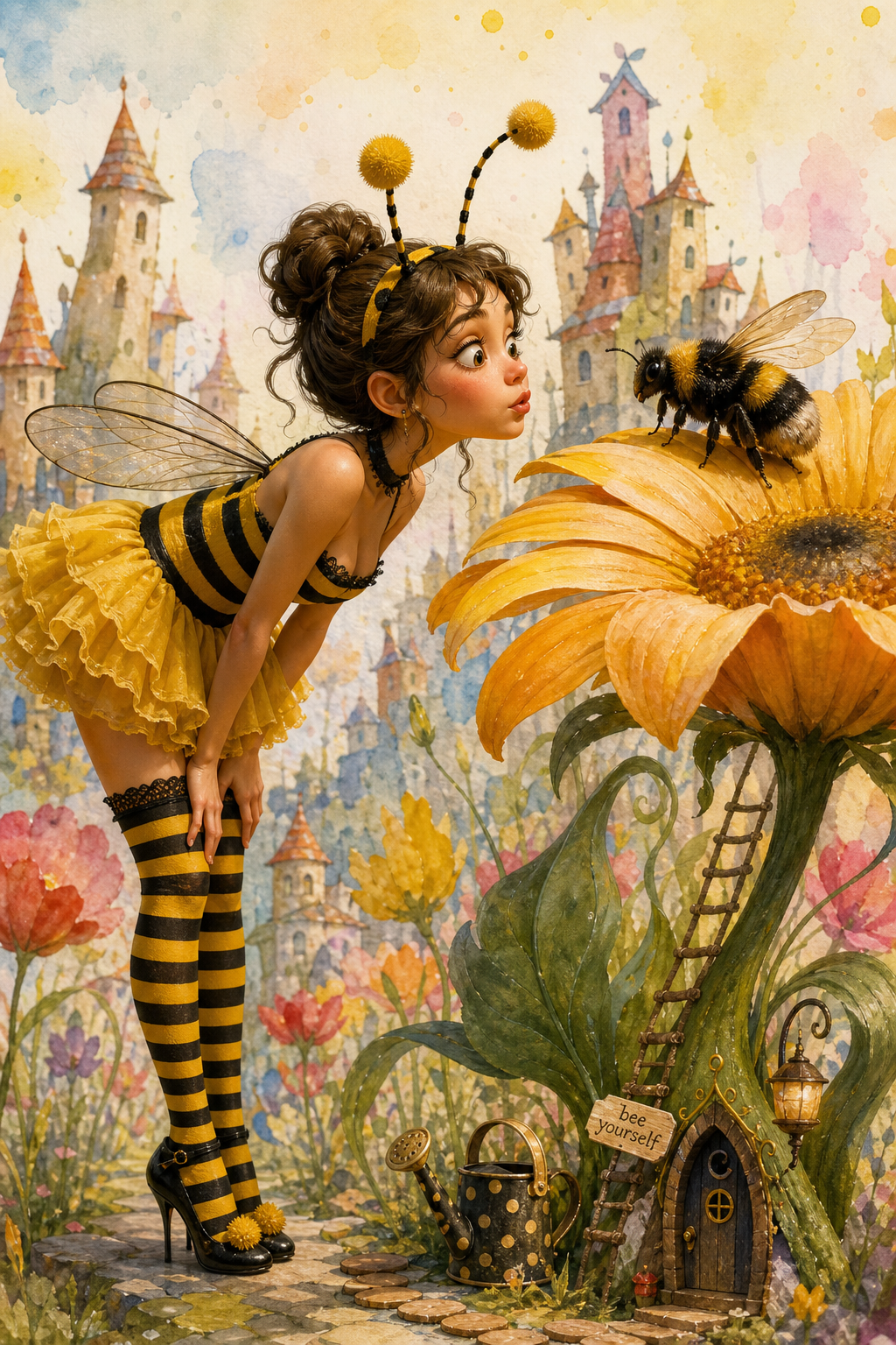 Girl in a bee costume leaning toward a giant sunflower in a whimsical fairy-tale garden.