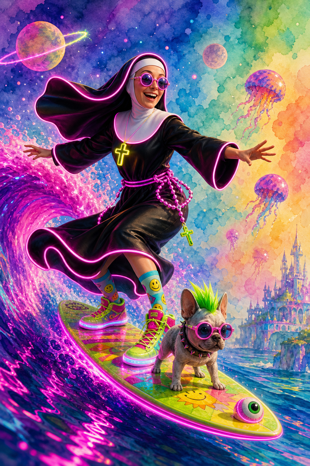 Neon-lit nun in a black habit with pink trim rides a colorful surfboard on a psychedelic wave.