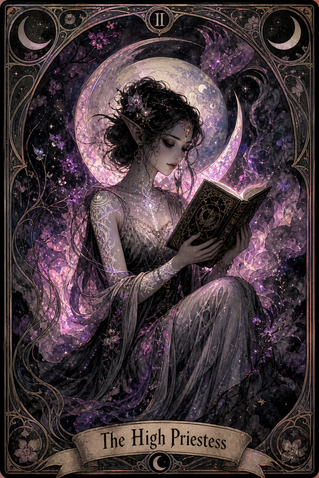 A ethereal elf-like High Priestess reading a mystical book beneath a crescent moon.