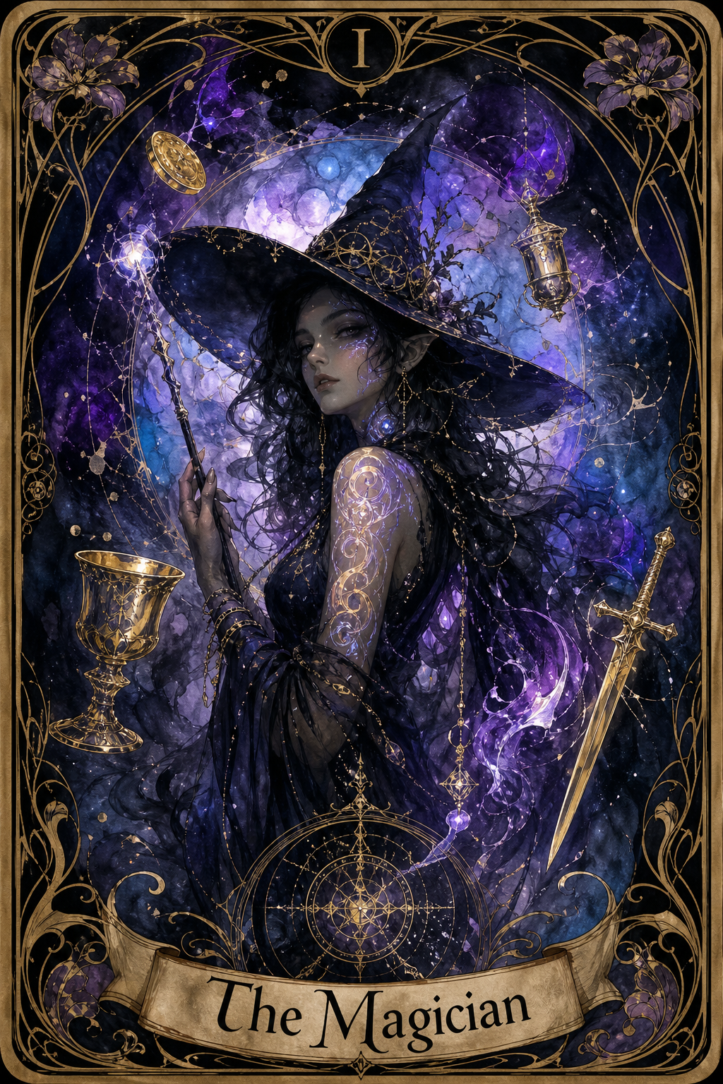 A witch in a wide-brimmed hat conjures purple magic, surrounded by gold tools and celestial imagery.